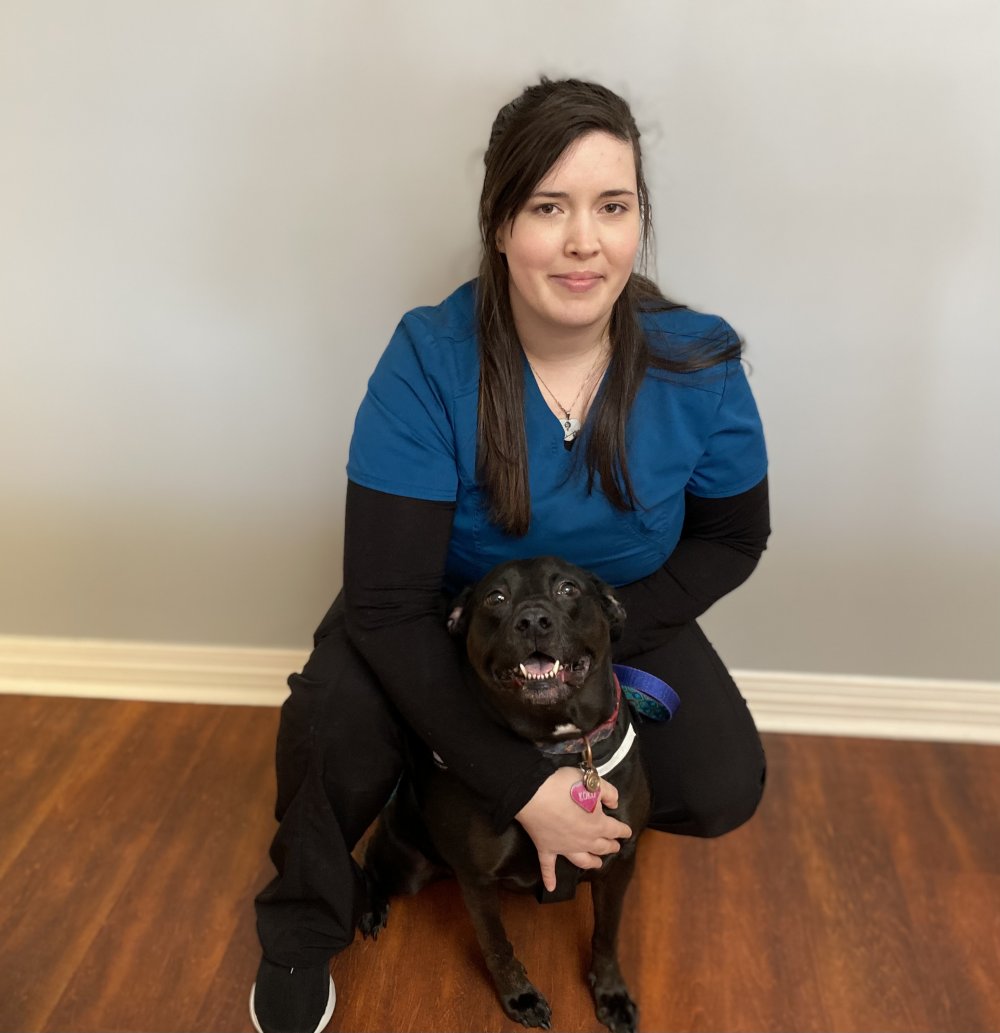 Amy C. posing with a black lab. Image from Beechmont Pet Hospital's old website.
