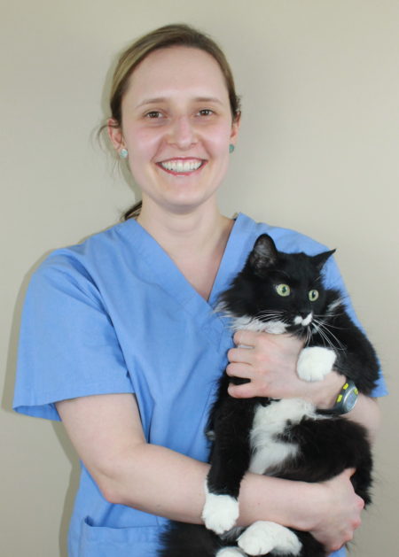 Dr. Joanna Hartig holding a tuxedo cat. Image from Beechmont Pet Hospital's old website.